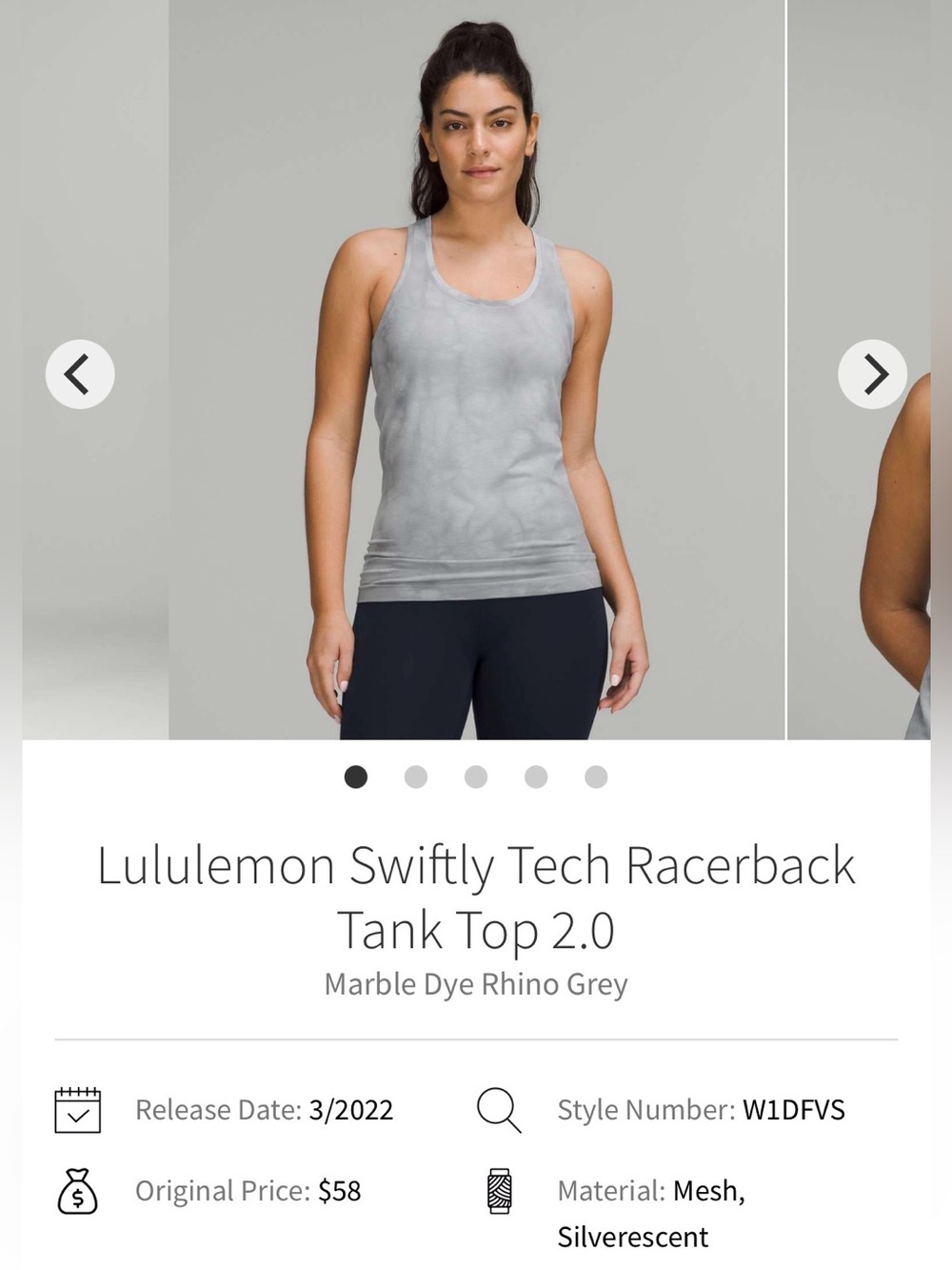 Lululemon Swiftly Tech Racerback
Tank Top 2.0
Marble Dye Rhino Grey - Picture 2 of 4